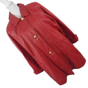 KOMITOR! RICH ROUGE RED GENUINE LEATHER GOLD BUTTON FRONT SWING COAT! SZ 1X